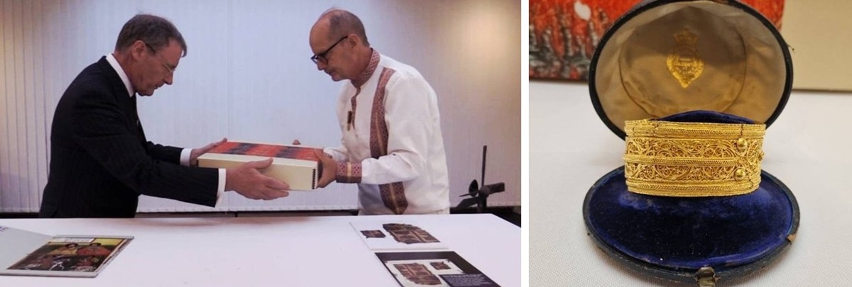 Photos of (1) a box being ceremoniously handed from one man to another, and (2) a filigreed gold bracelet.